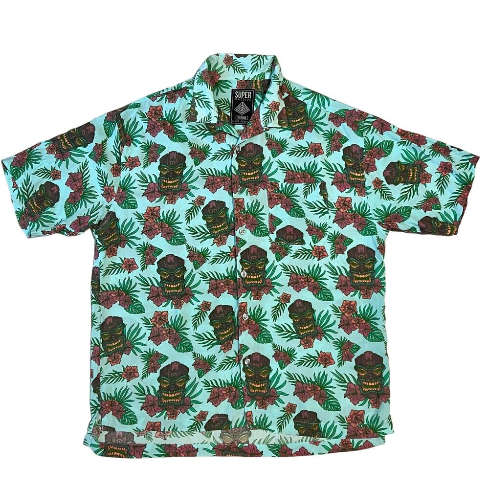 Super Massive Hawaiian Button Down Short Sleeve Shirt Floral Tiki Mask Size M